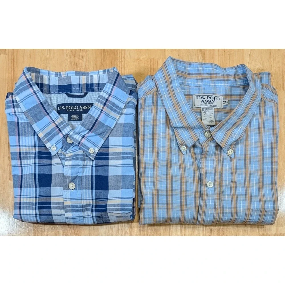 Lot of 2‎ US Polo Assn Mens 2XL Short Sleeve Button Down Plaid Cotton Shirts